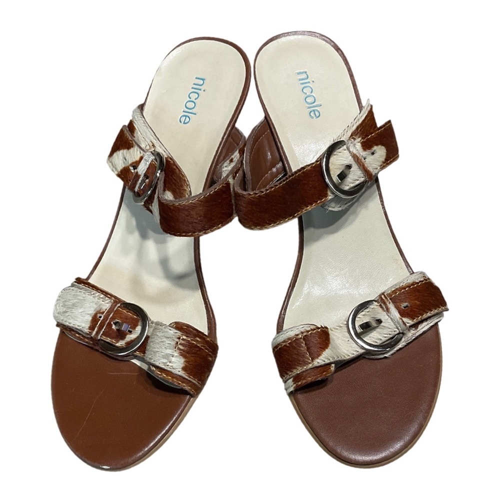 Nicole Wedge Sandals Women 8.5 Cow Print Calf Hair Brown Leather Buckle Saluki
